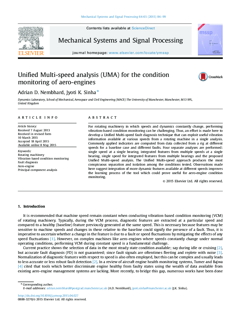 Unified Multi-speed analysis (UMA) for the condition monitoring of aero-engines