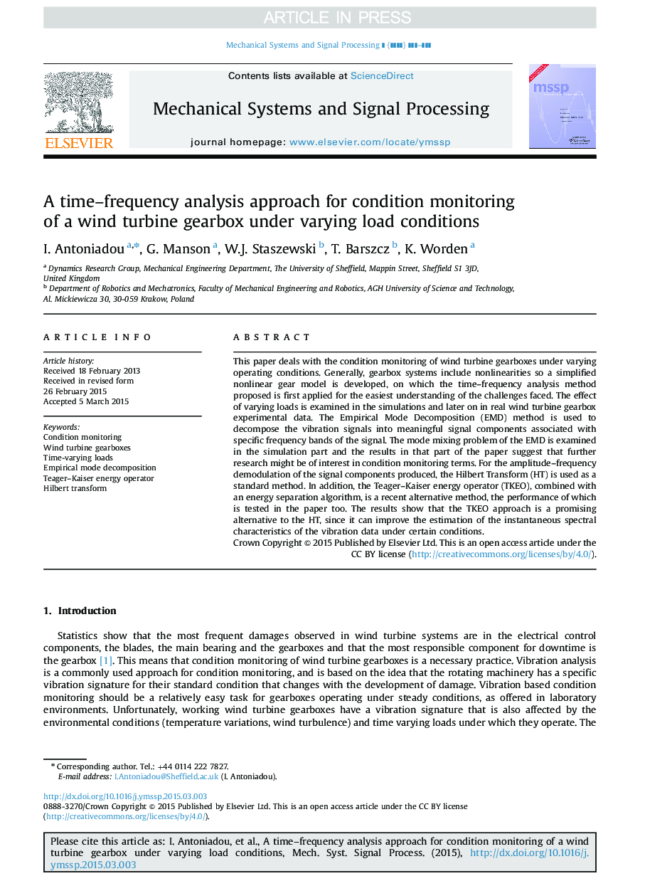 A time-frequency analysis approach for condition monitoring of a wind turbine gearbox under varying load conditions