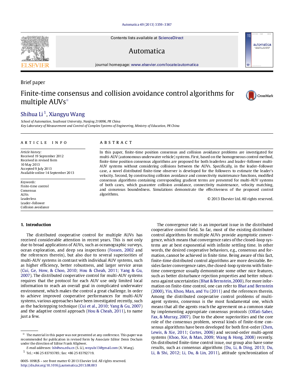 Finite-time consensus and collision avoidance control algorithms for multiple AUVs 