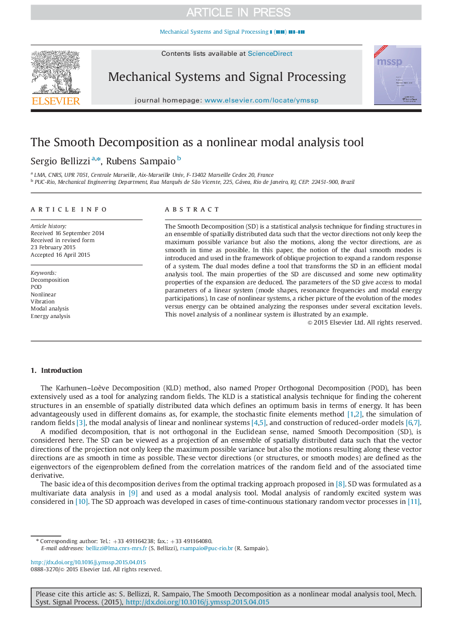 The Smooth Decomposition as a nonlinear modal analysis tool