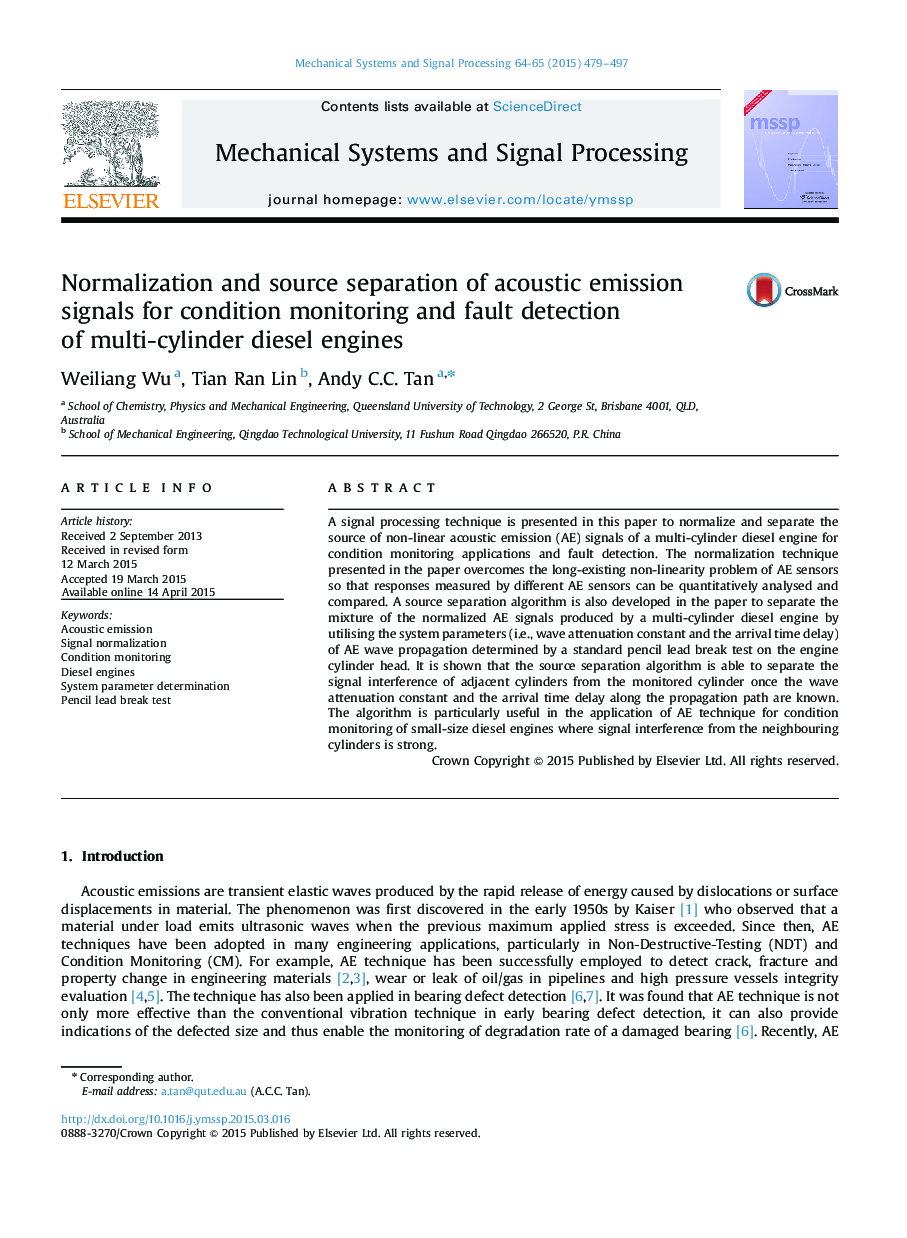 Normalization and source separation of acoustic emission signals for condition monitoring and fault detection of multi-cylinder diesel engines