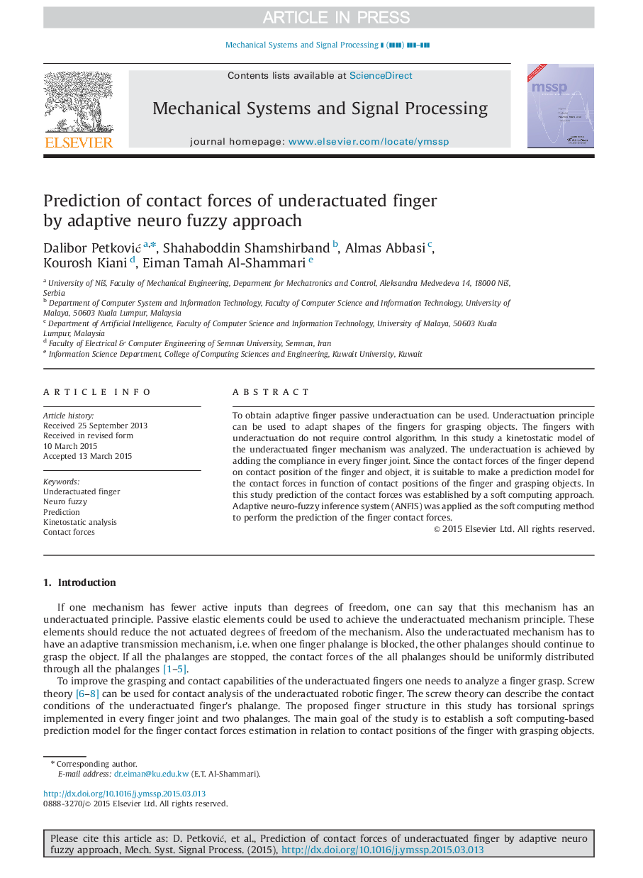 Prediction of contact forces of underactuated finger by adaptive neuro fuzzy approach