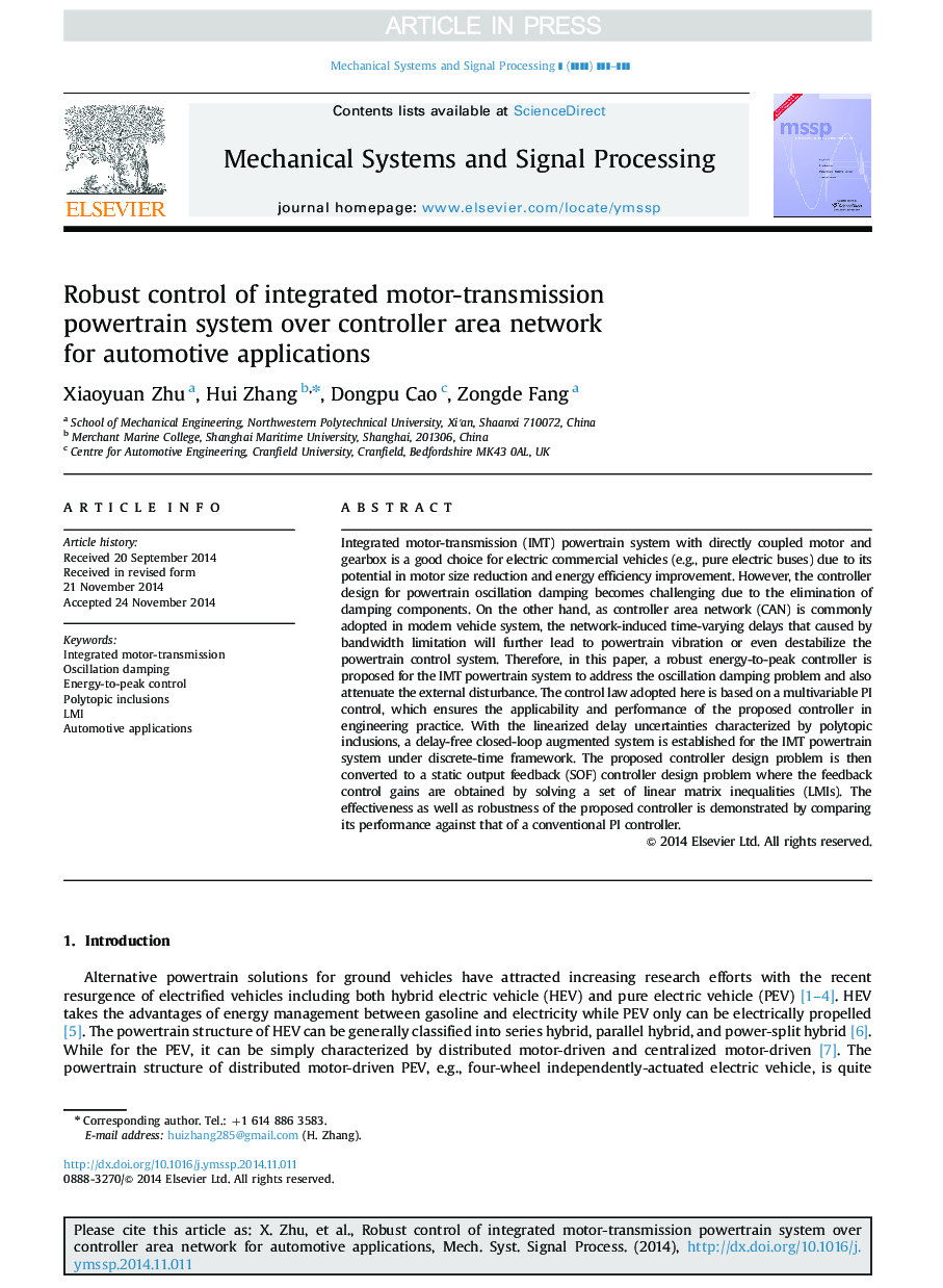 Robust control of integrated motor-transmission powertrain system over controller area network for automotive applications