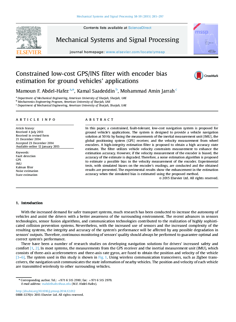 Constrained low-cost GPS/INS filter with encoder bias estimation for ground vehicles×³ applications