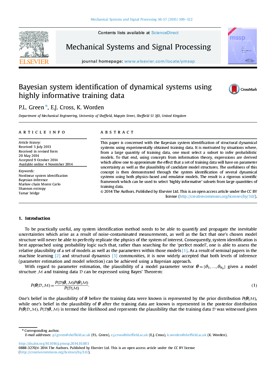 Bayesian system identification of dynamical systems using highly informative training data