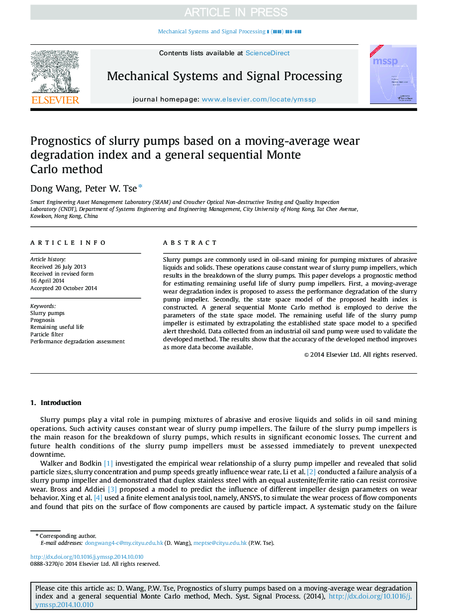 Prognostics of slurry pumps based on a moving-average wear degradation index and a general sequential Monte Carlo method