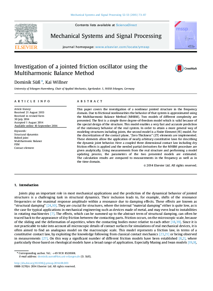 Investigation of a jointed friction oscillator using the Multiharmonic Balance Method