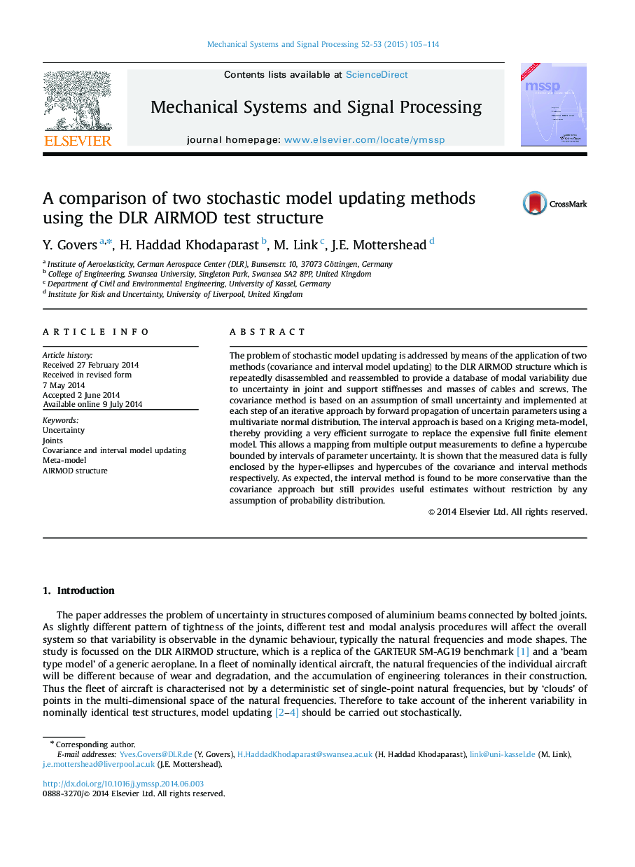 A comparison of two stochastic model updating methods using the DLR AIRMOD test structure