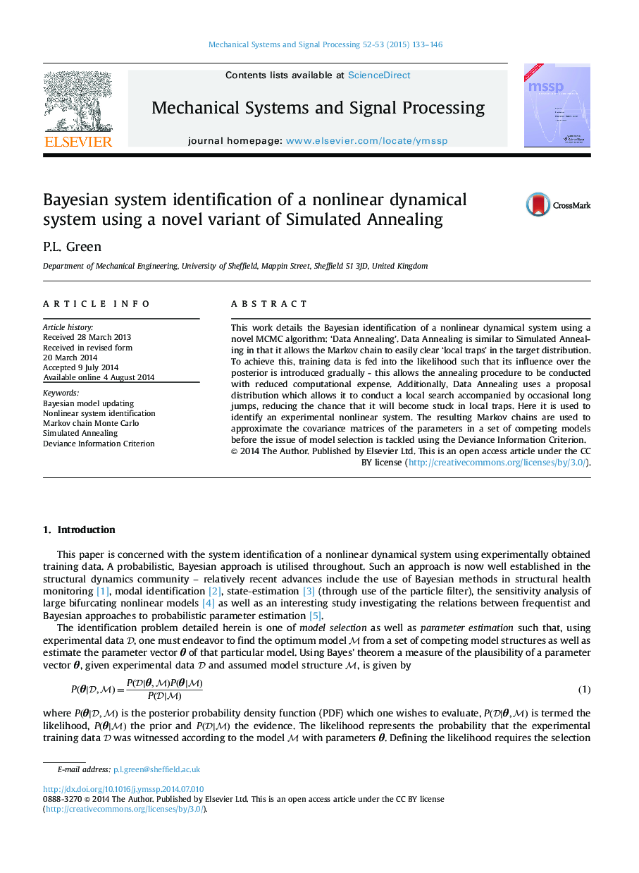 Bayesian system identification of a nonlinear dynamical system using a novel variant of Simulated Annealing