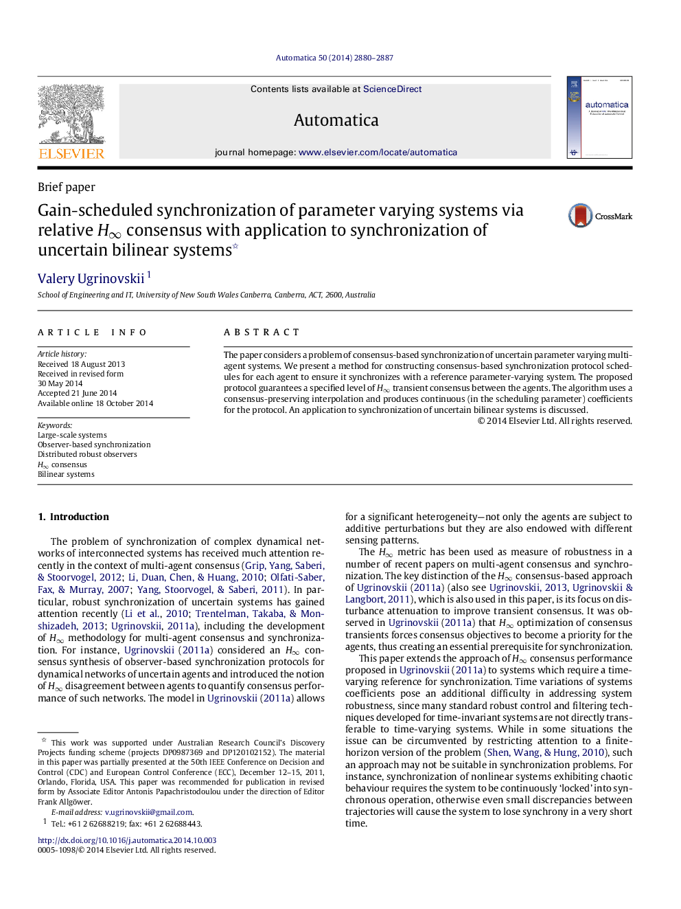 Gain-scheduled synchronization of parameter varying systems via relative H∞H∞ consensus with application to synchronization of uncertain bilinear systems 