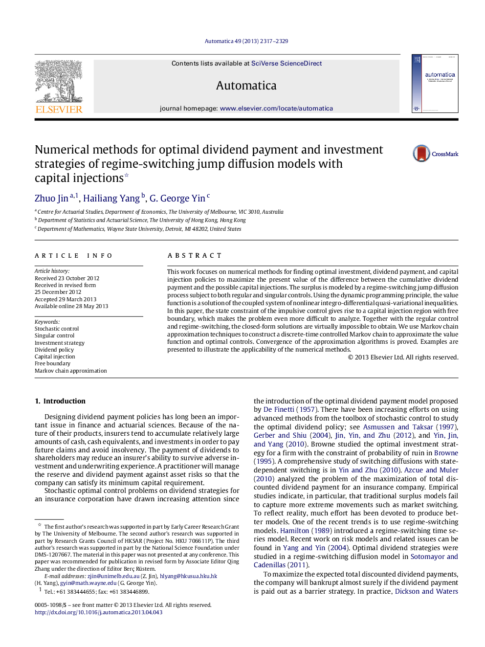 عکس صفحه اول مقاله: Numerical methods for optimal dividend payment and investment strategies of regime-switching jump diffusion models with capital injections Numerical methods for optimal dividend payment and investment strategies of regime-switching jump diffusion models with capital injections