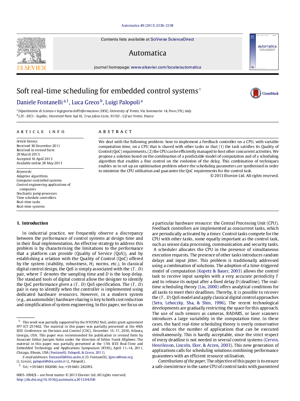 Soft real-time scheduling for embedded control systems 