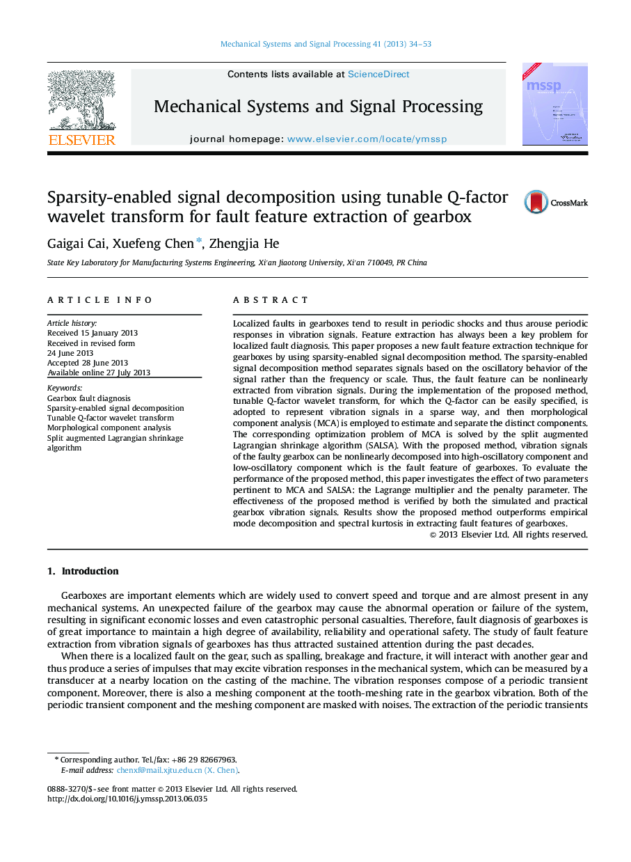 Sparsity-enabled signal decomposition using tunable Q-factor wavelet transform for fault feature extraction of gearbox