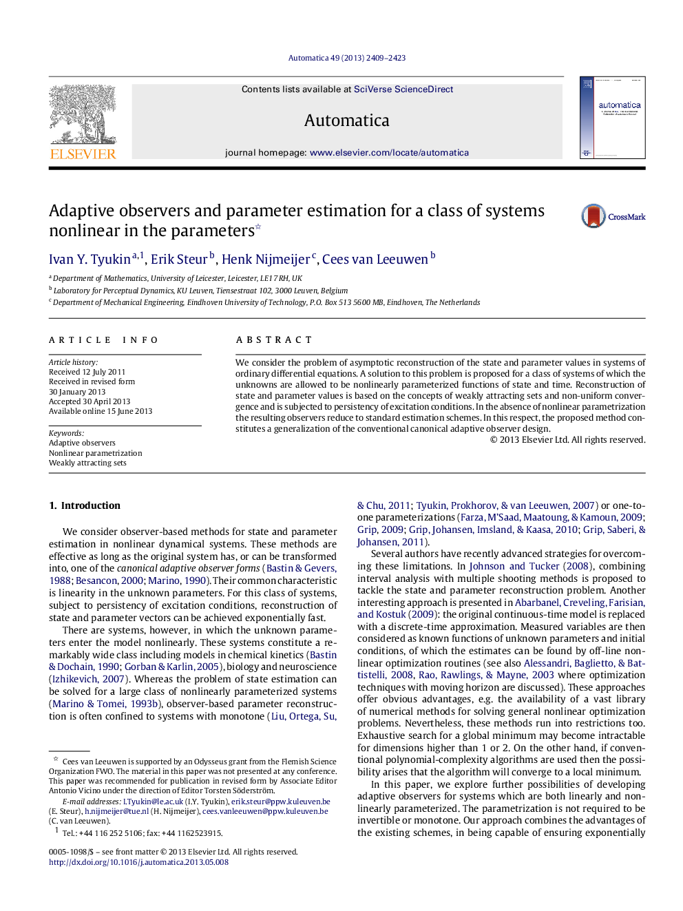 Adaptive observers and parameter estimation for a class of systems nonlinear in the parameters 