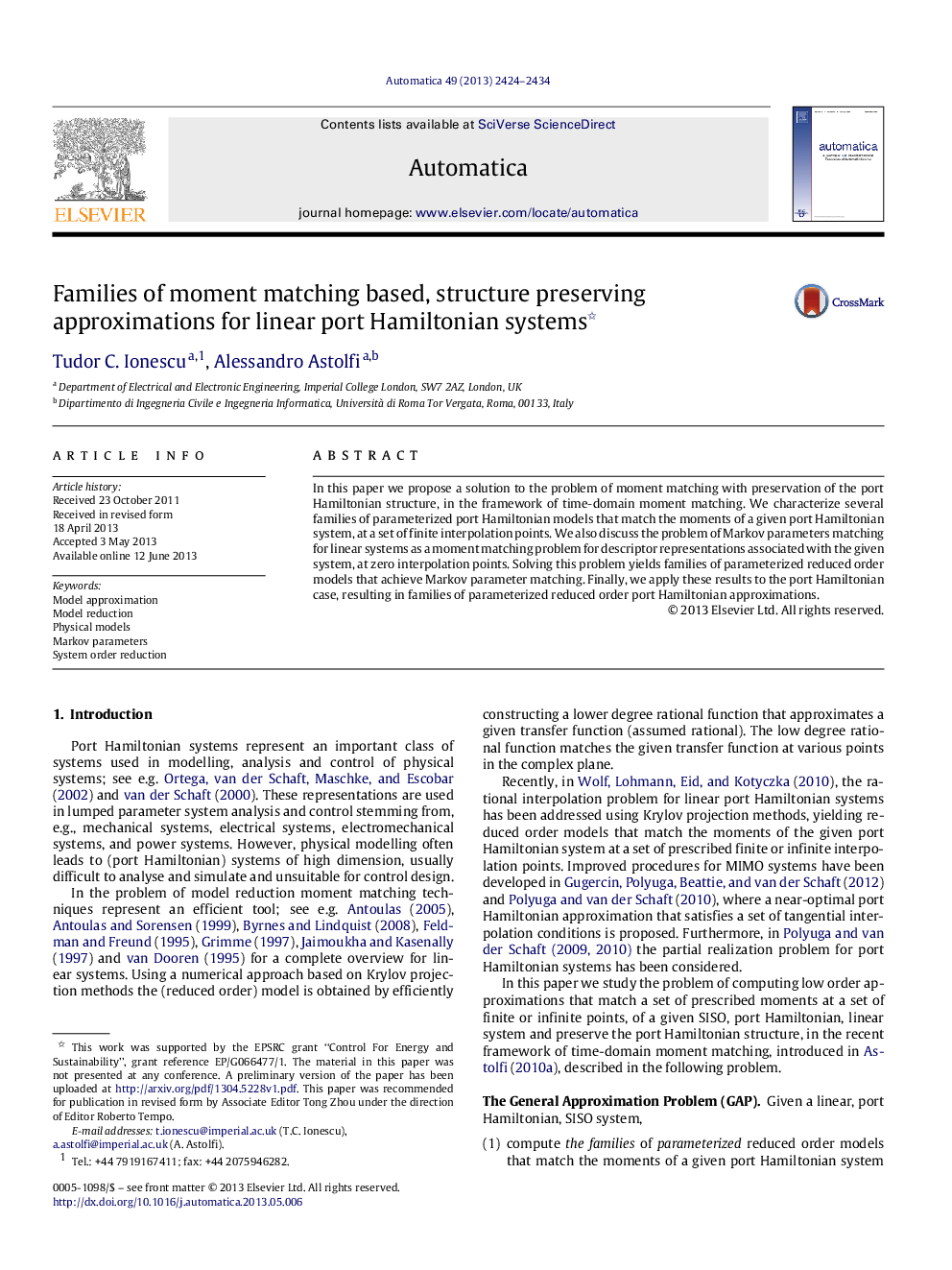 Families of moment matching based, structure preserving approximations for linear port Hamiltonian systems 