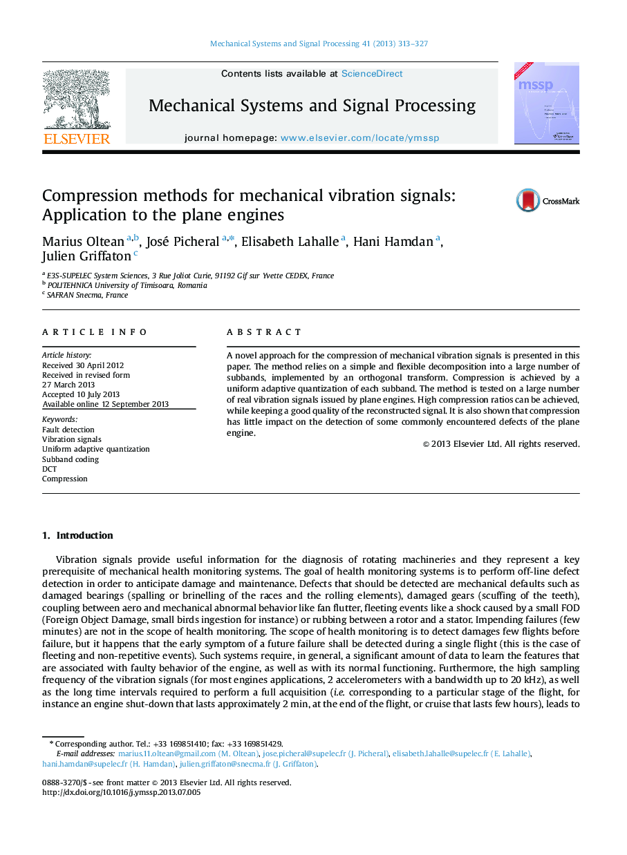 Compression methods for mechanical vibration signals: Application to the plane engines