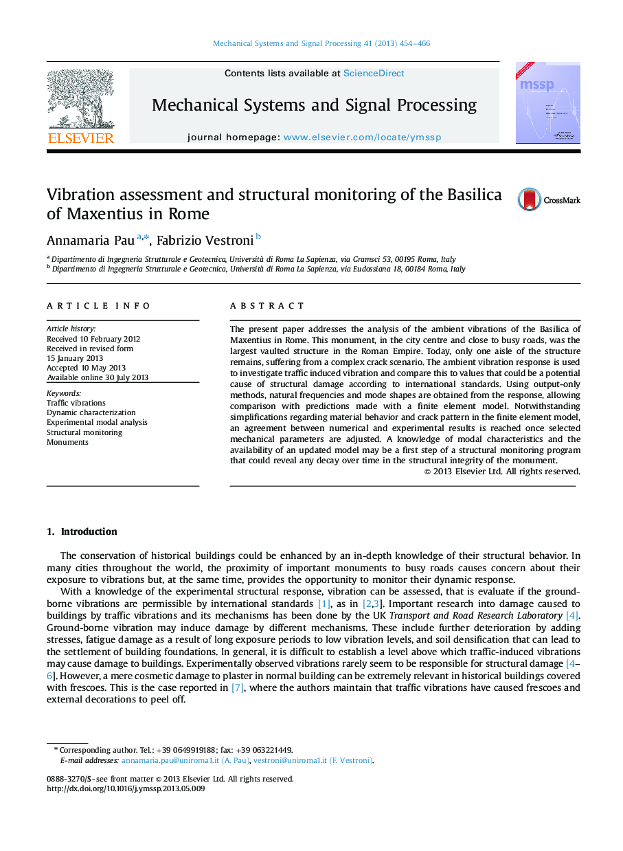 Vibration assessment and structural monitoring of the Basilica of Maxentius in Rome