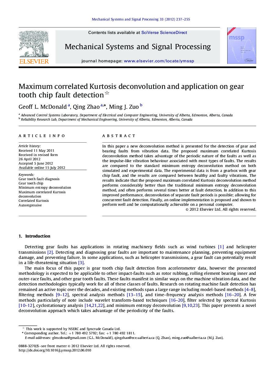 Maximum correlated Kurtosis deconvolution and application on gear tooth chip fault detection