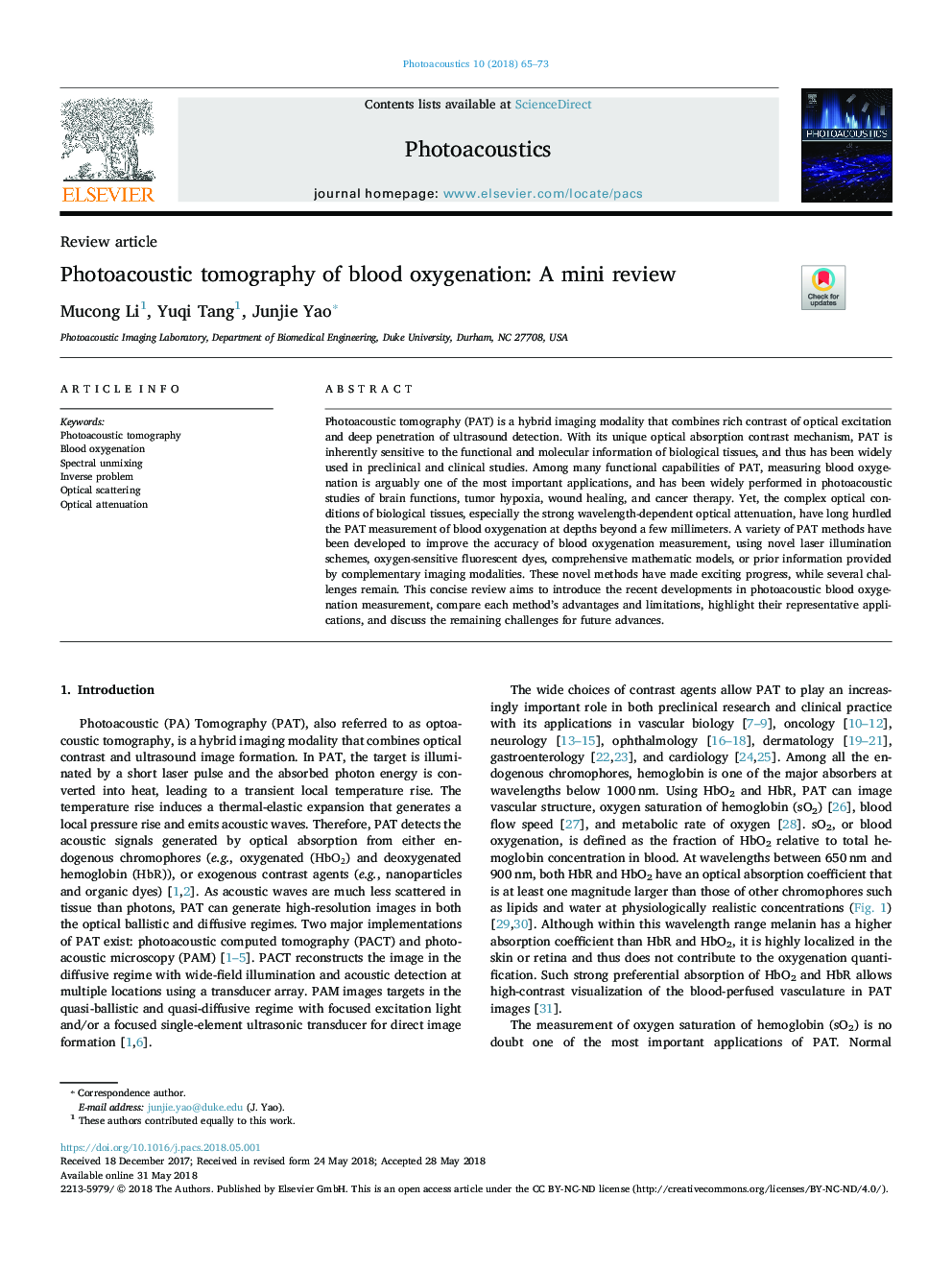 Photoacoustic tomography of blood oxygenation: A mini review