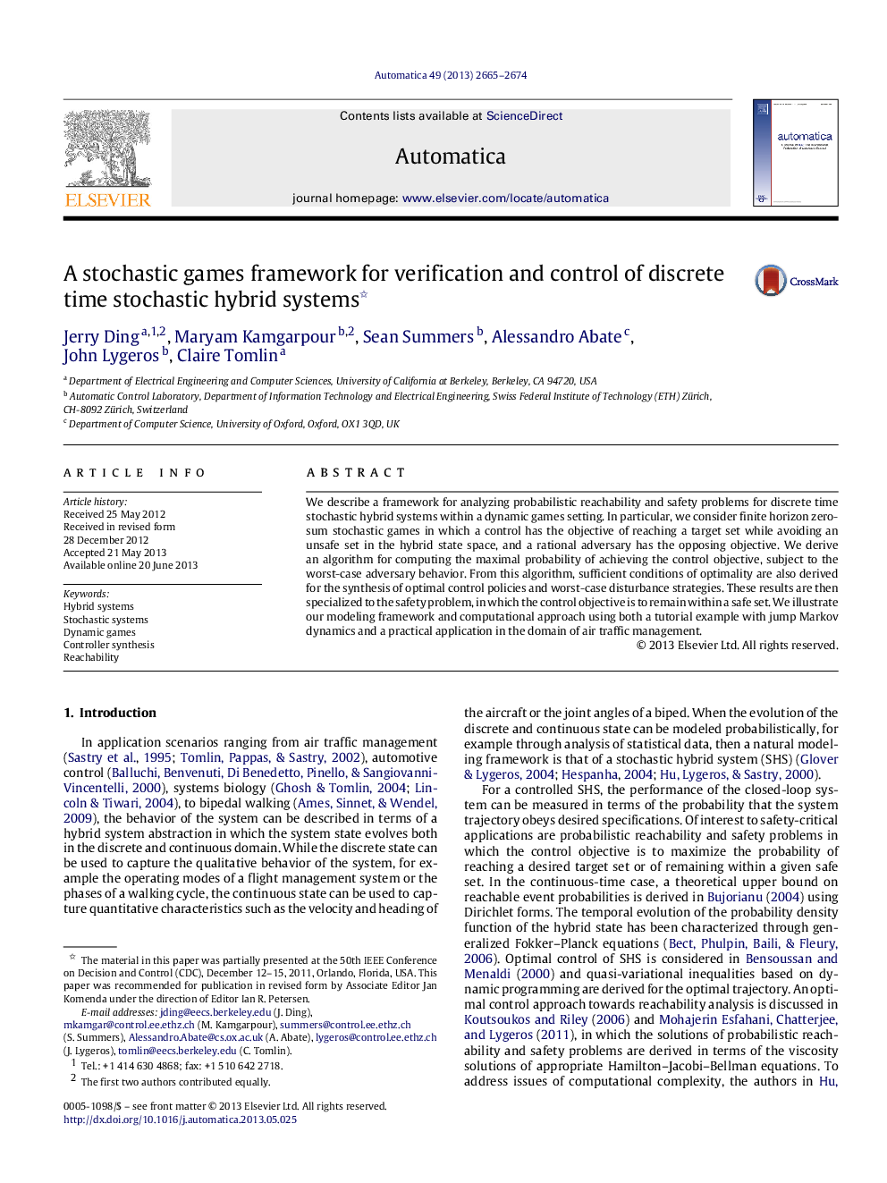 A stochastic games framework for verification and control of discrete time stochastic hybrid systems 