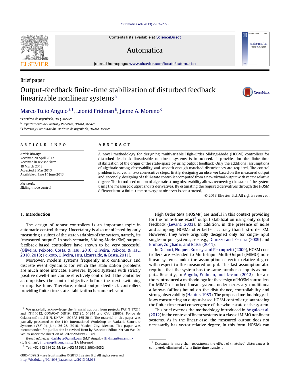 Output-feedback finite-time stabilization of disturbed feedback linearizable nonlinear systems 