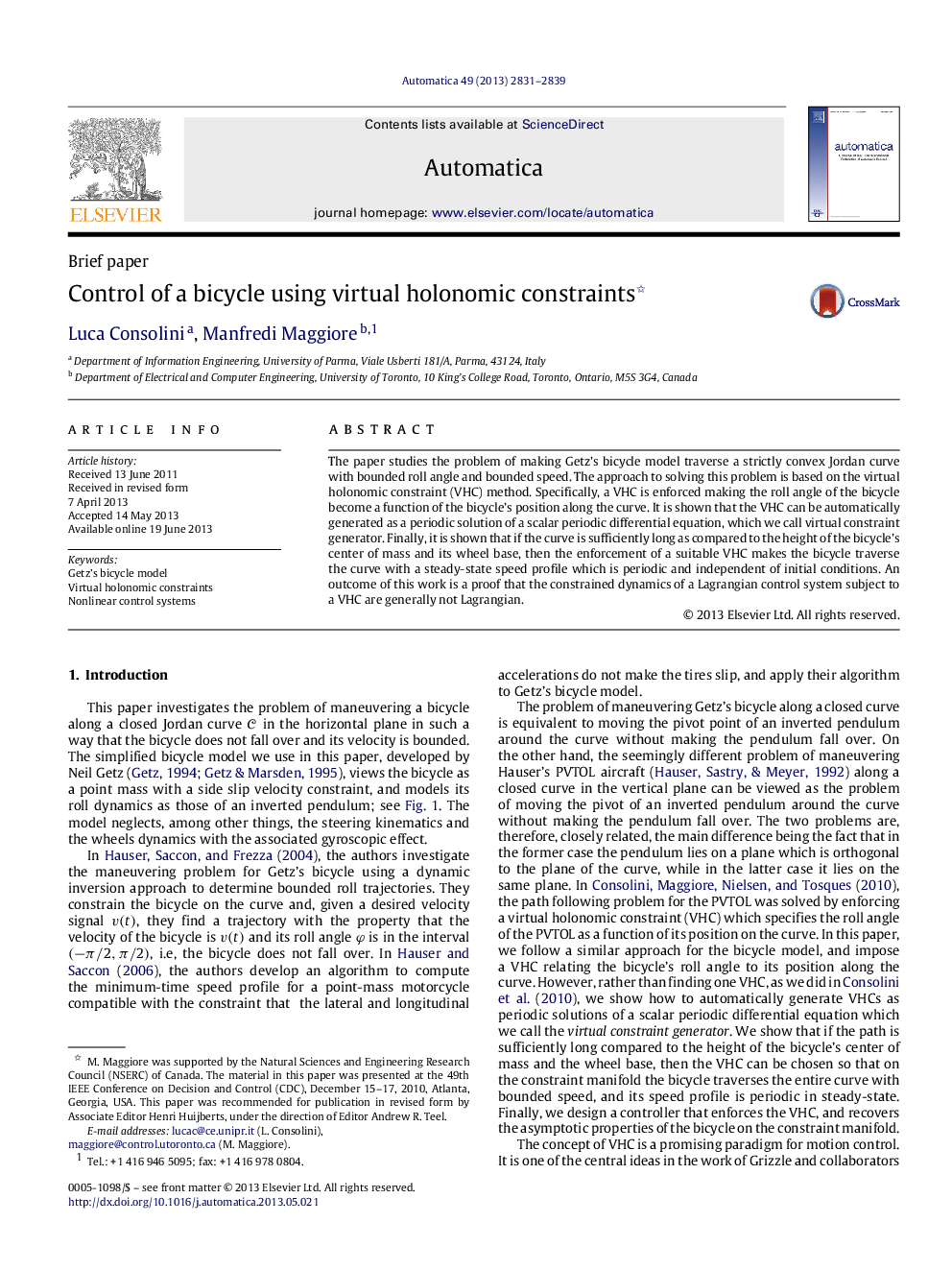 Control of a bicycle using virtual holonomic constraints 