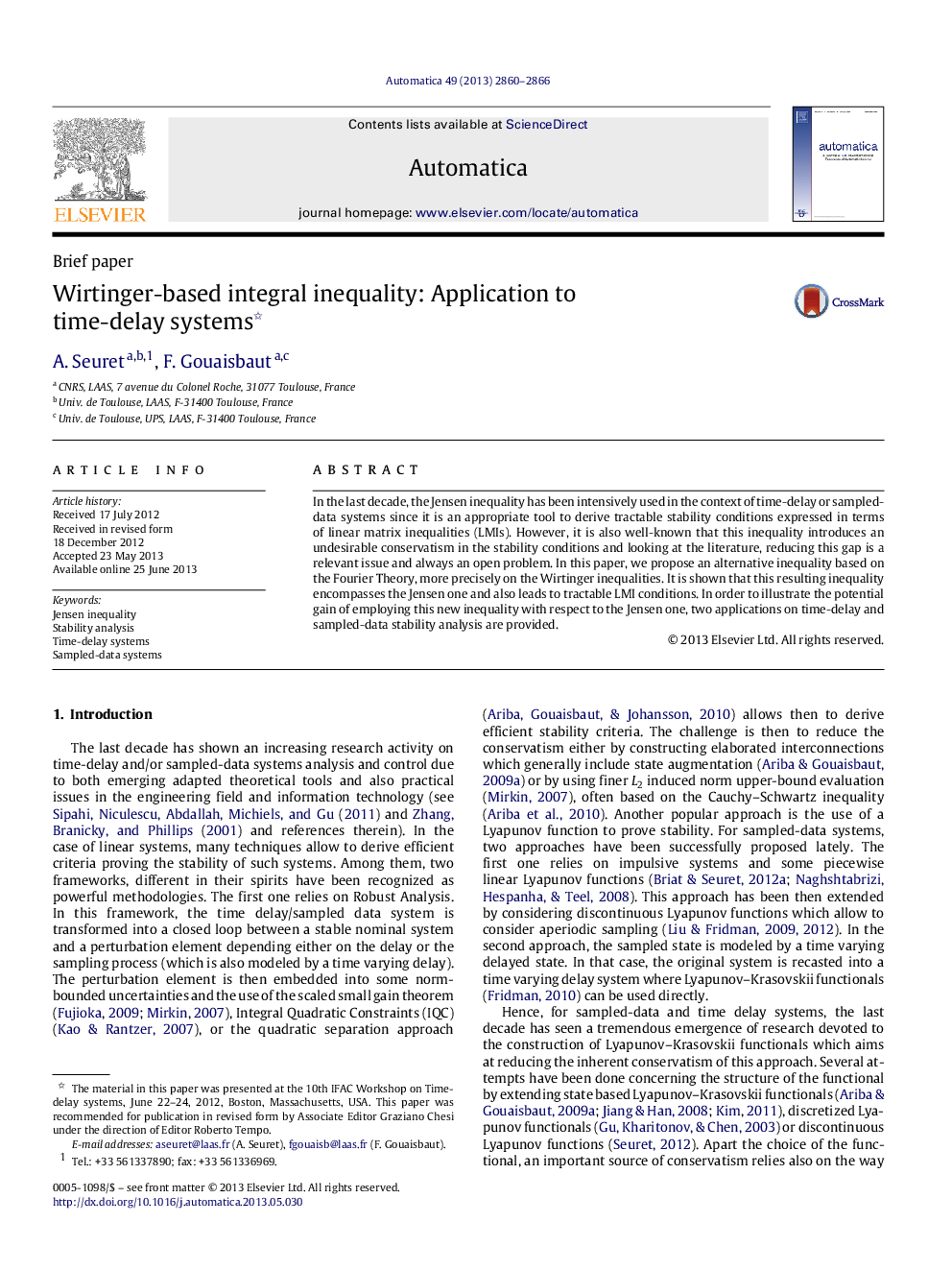 Wirtinger-based integral inequality: Application to time-delay systems 