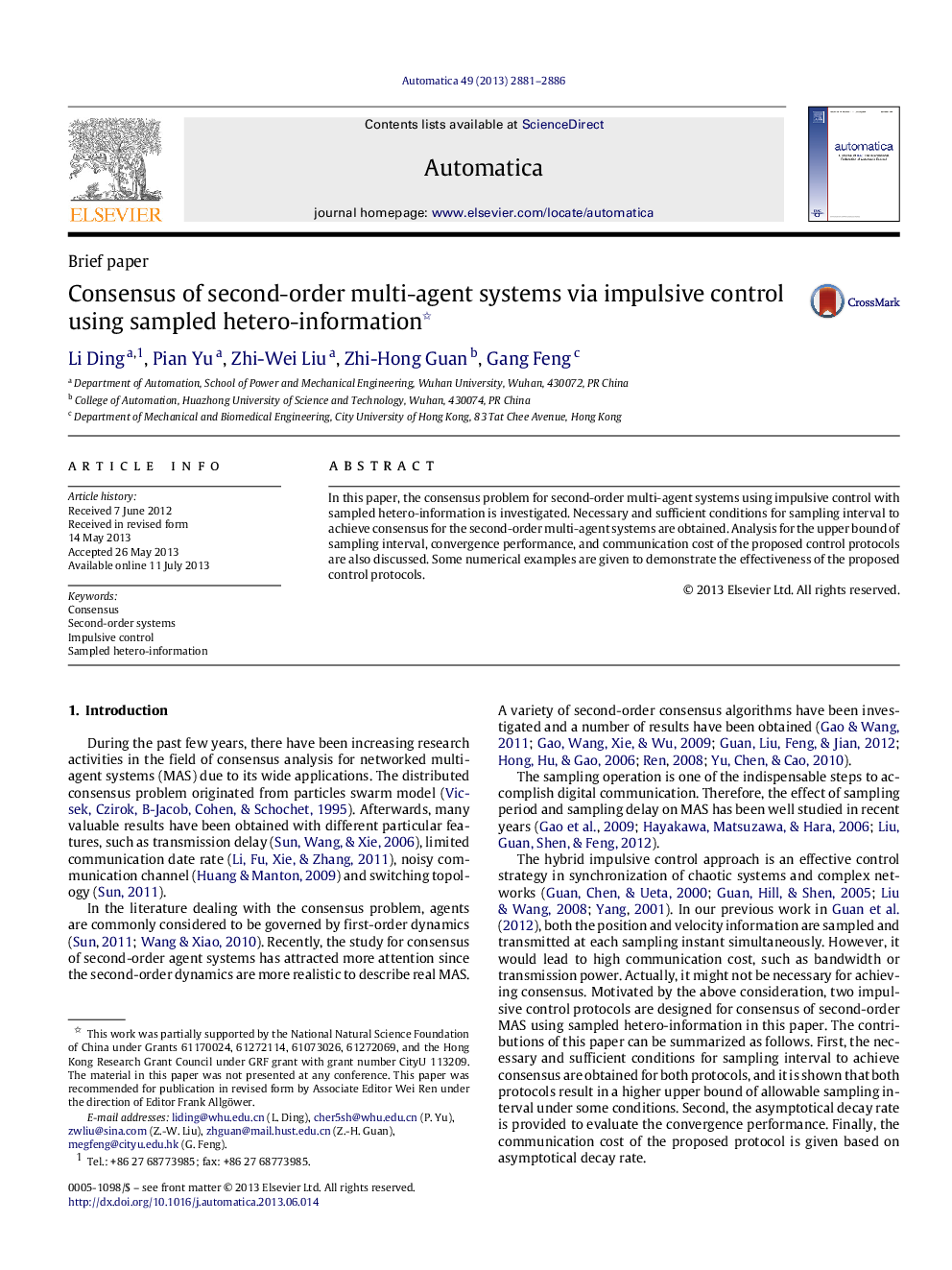 Consensus of second-order multi-agent systems via impulsive control using sampled hetero-information 