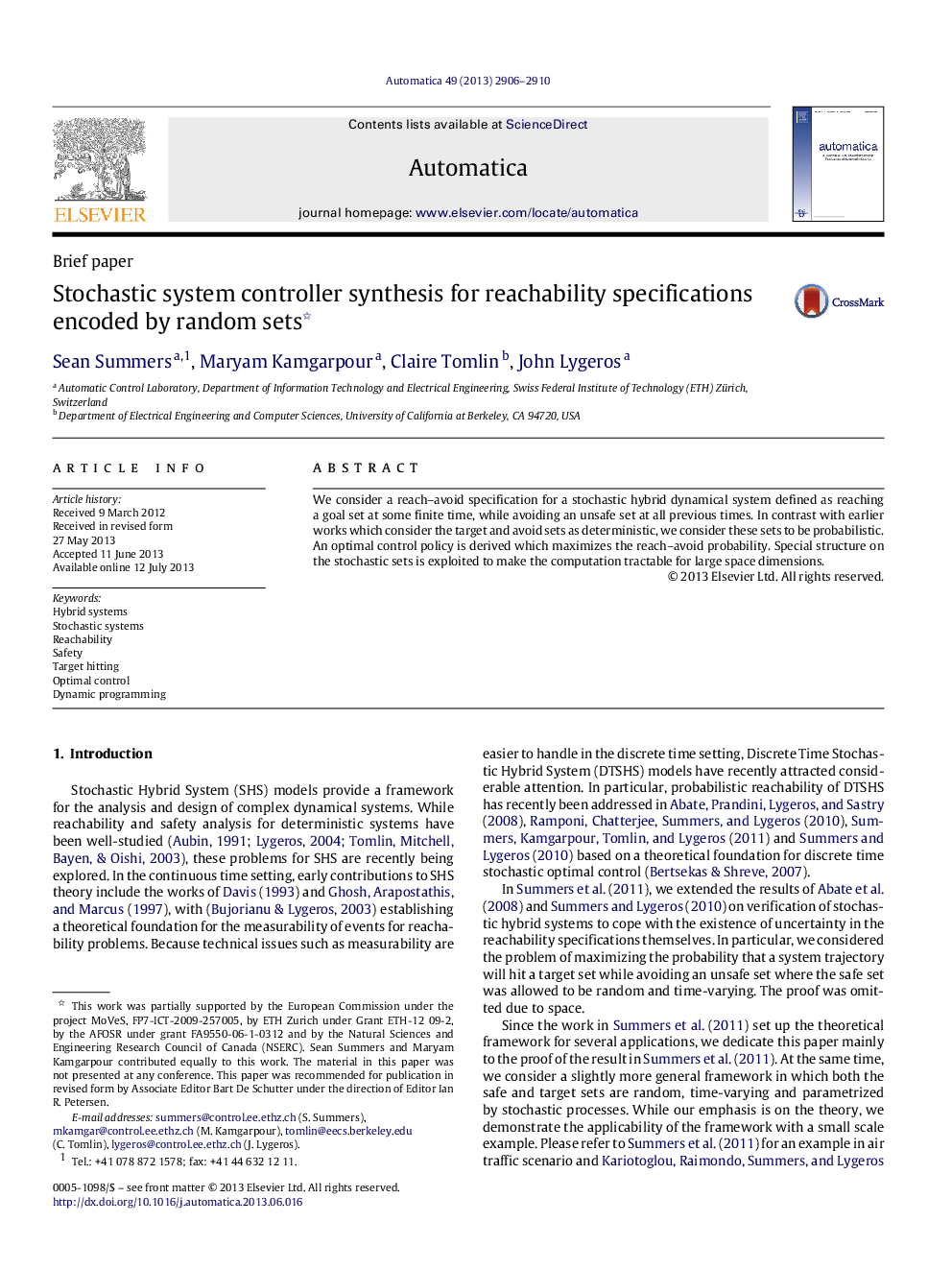 Stochastic system controller synthesis for reachability specifications encoded by random sets 