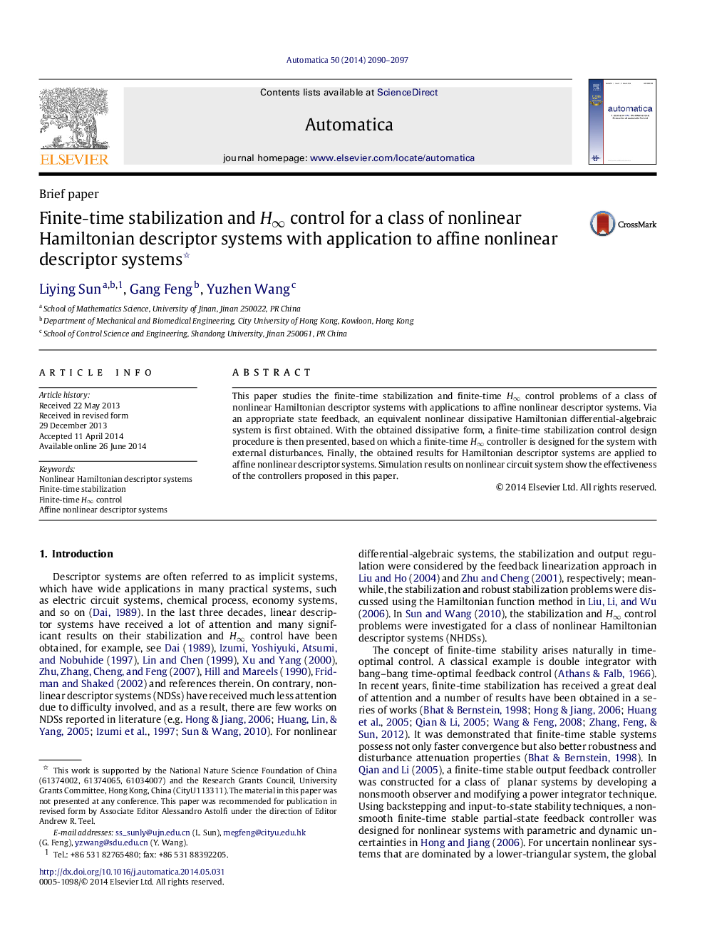 Finite-time stabilization and H∞H∞ control for a class of nonlinear Hamiltonian descriptor systems with application to affine nonlinear descriptor systems 