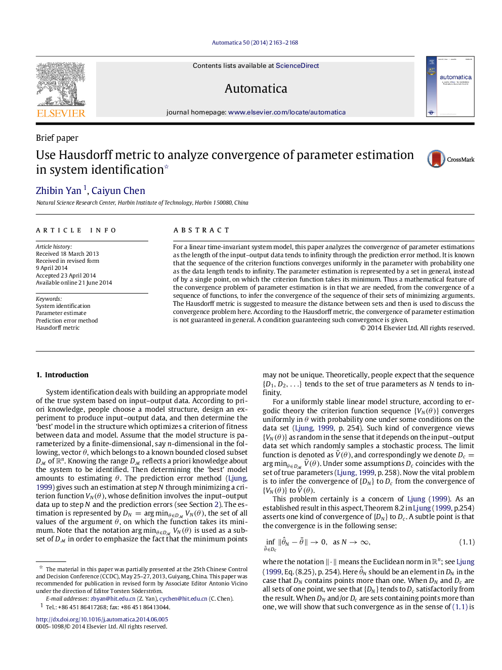 Use Hausdorff metric to analyze convergence of parameter estimation in system identification 