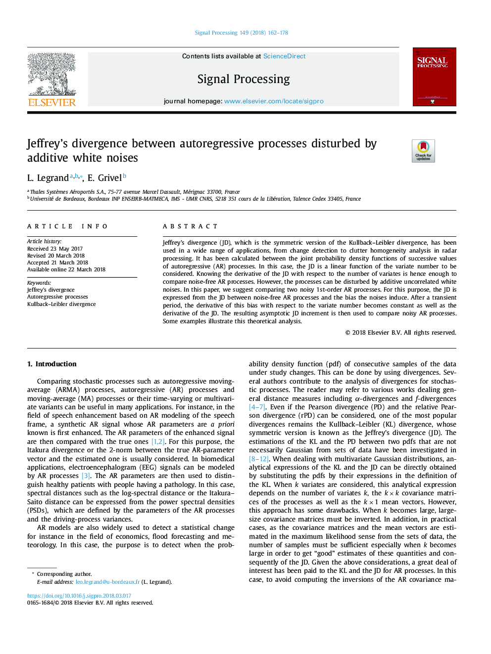 Jeffrey's divergence between autoregressive processes disturbed by additive white noises