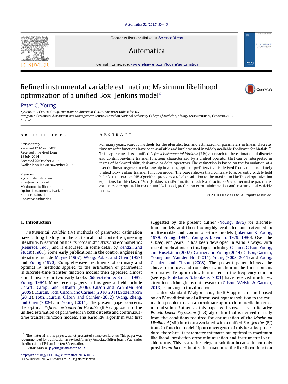 Refined instrumental variable estimation: Maximum likelihood optimization of a unified Box–Jenkins model 