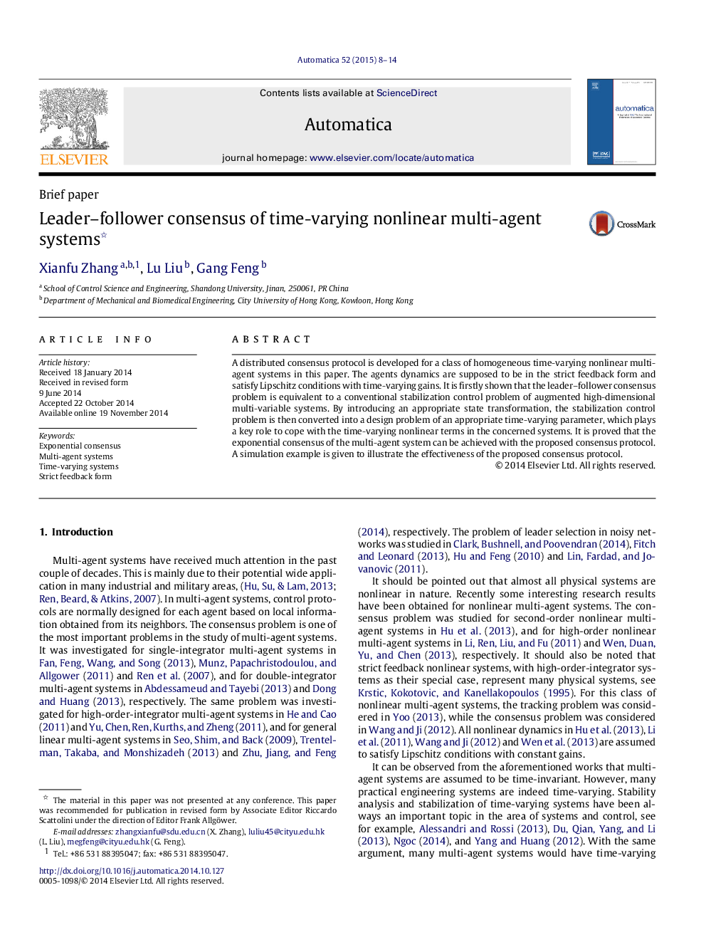 Leader–follower consensus of time-varying nonlinear multi-agent systems 