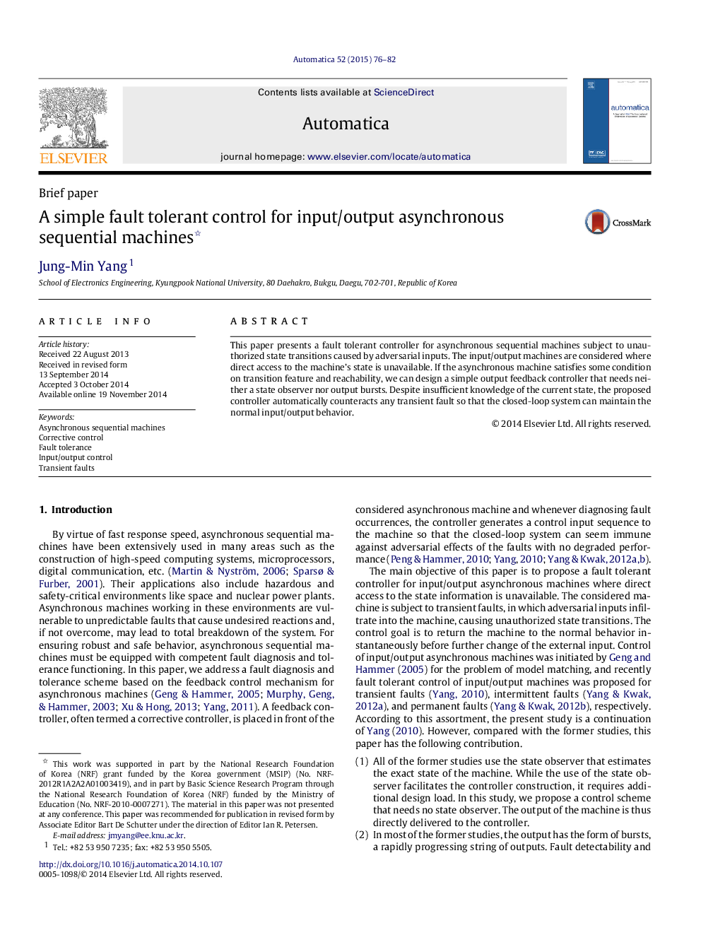 A simple fault tolerant control for input/output asynchronous sequential machines 