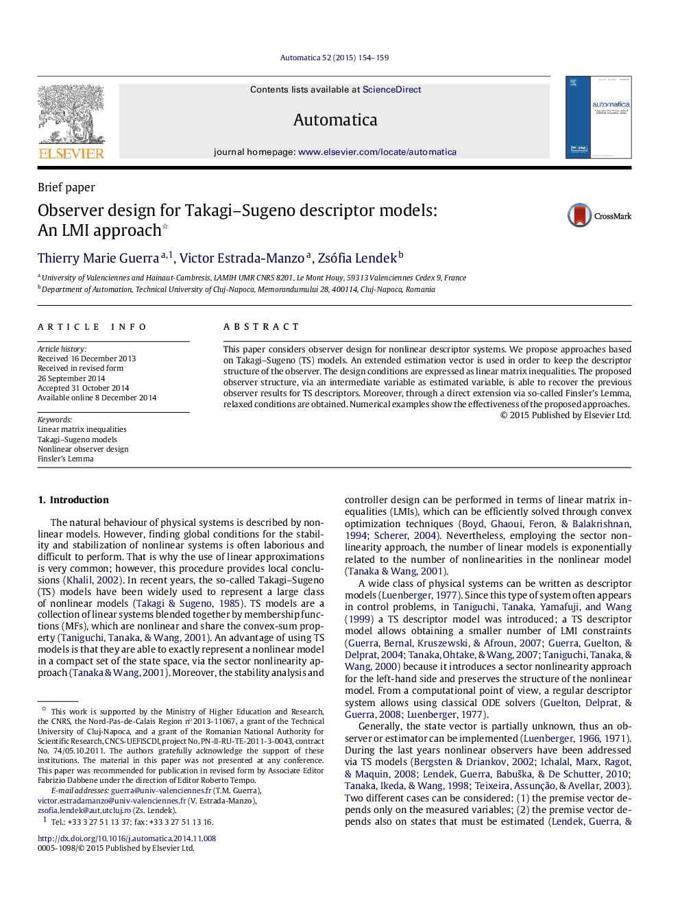 Observer design for Takagi–Sugeno descriptor models: An LMI approach 