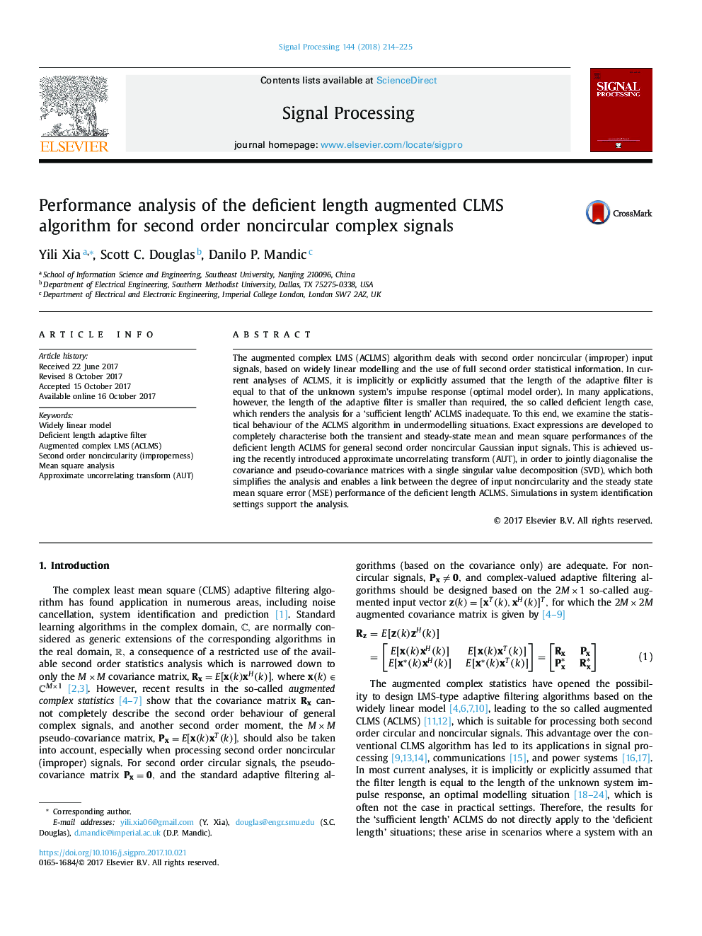 عکس صفحه اول مقاله: Performance analysis of the deficient length augmented CLMS algorithm for second order noncircular complex signals Performance analysis of the deficient length augmented CLMS algorithm for second order noncircular complex signals