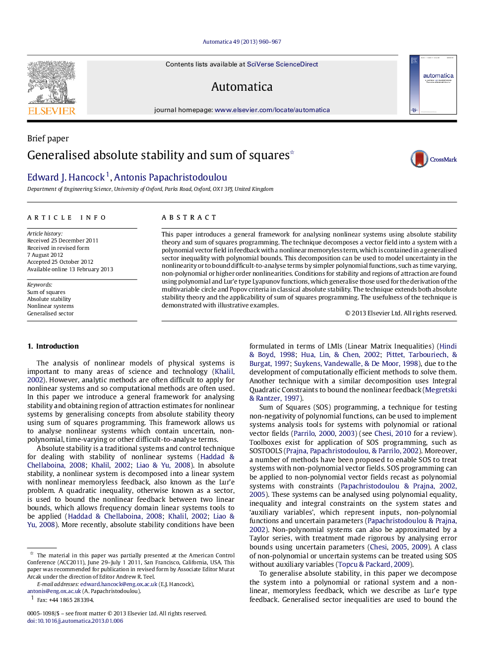 Generalised absolute stability and sum of squares 