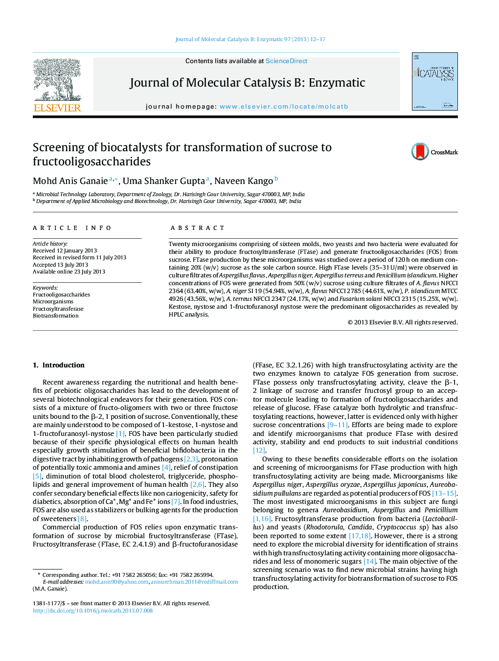 Screening of biocatalysts for transformation of sucrose to fructooligosaccharides