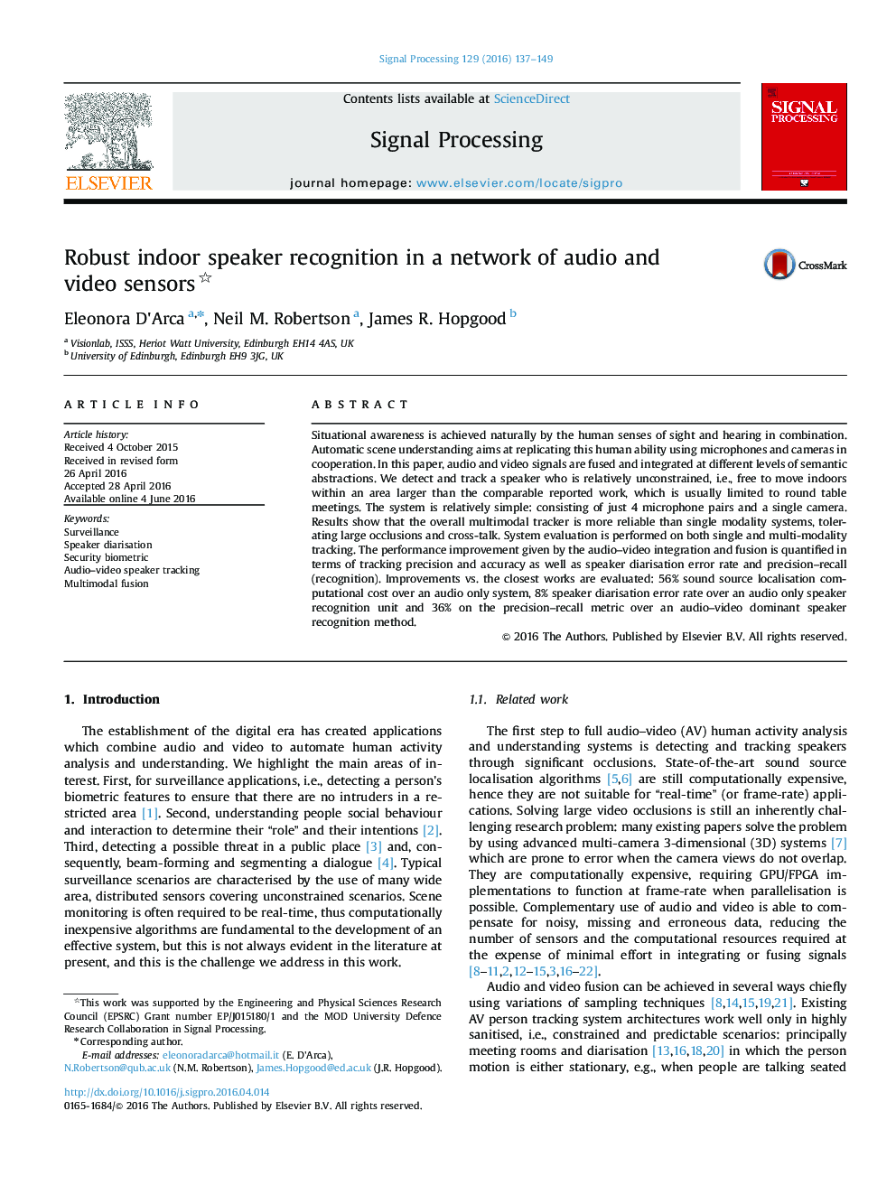 Robust indoor speaker recognition in a network of audio and video sensors