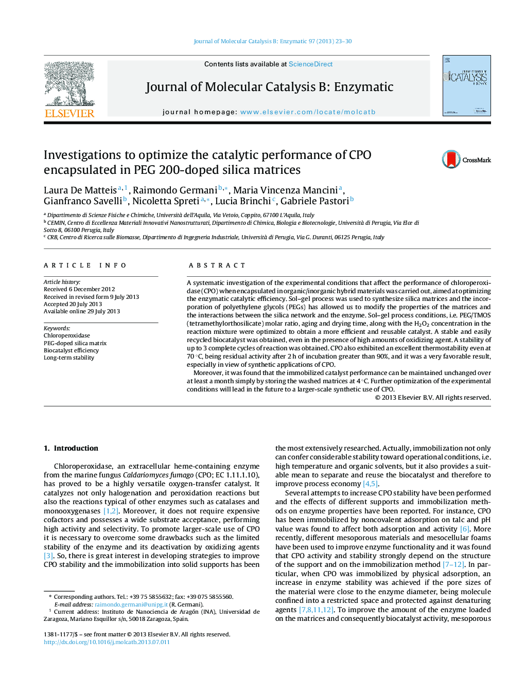 Investigations to optimize the catalytic performance of CPO encapsulated in PEG 200-doped silica matrices