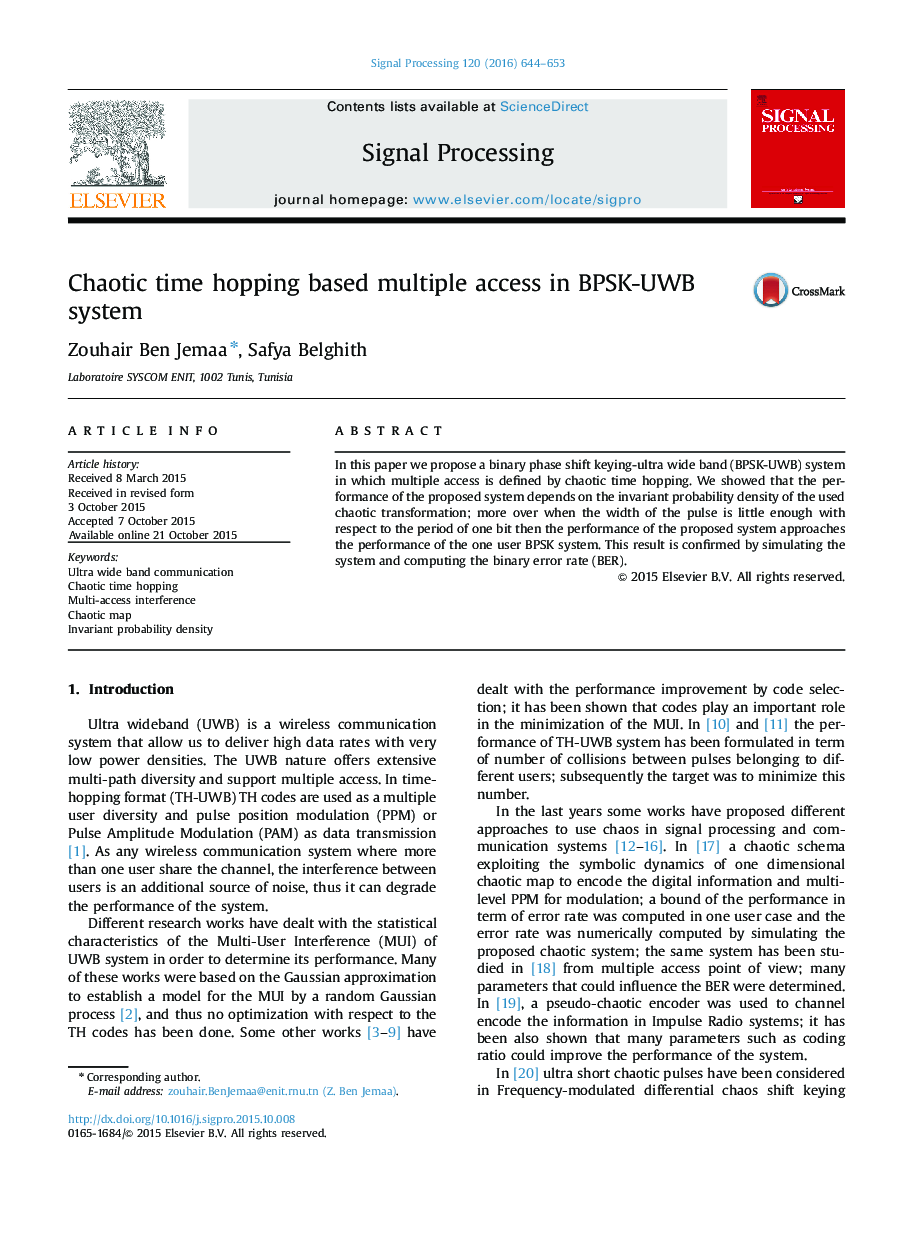 Chaotic time hopping based multiple access in BPSK-UWB system