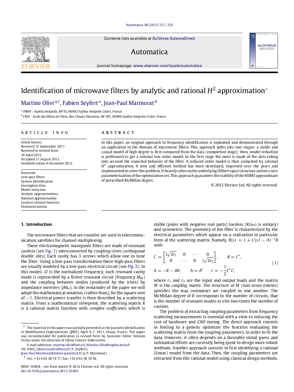 Identification of microwave filters by analytic and rational H2H2 approximation 