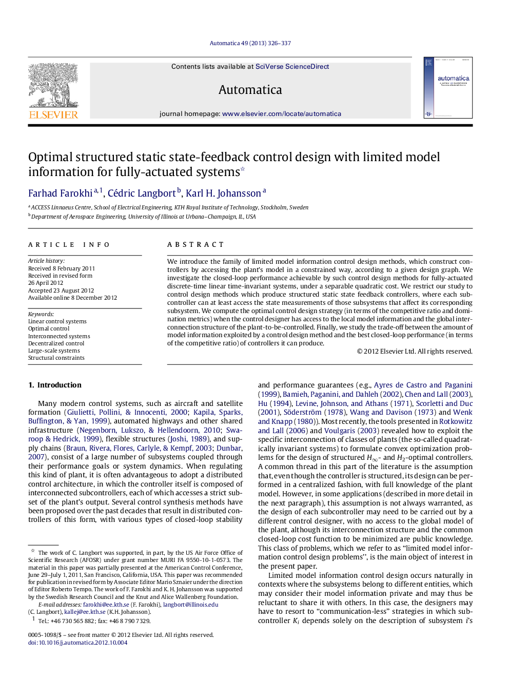 Optimal structured static state-feedback control design with limited model information for fully-actuated systems 