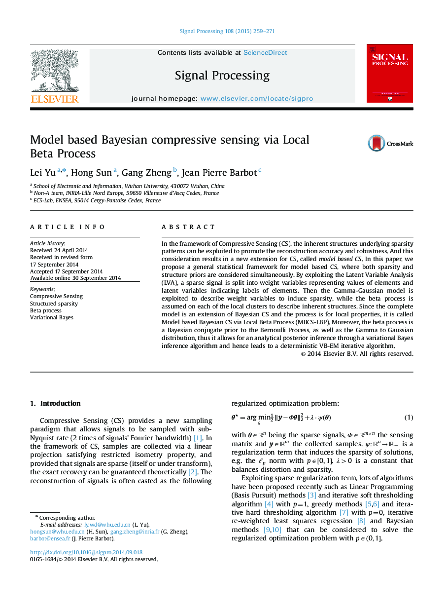 Model based Bayesian compressive sensing via Local Beta Process
