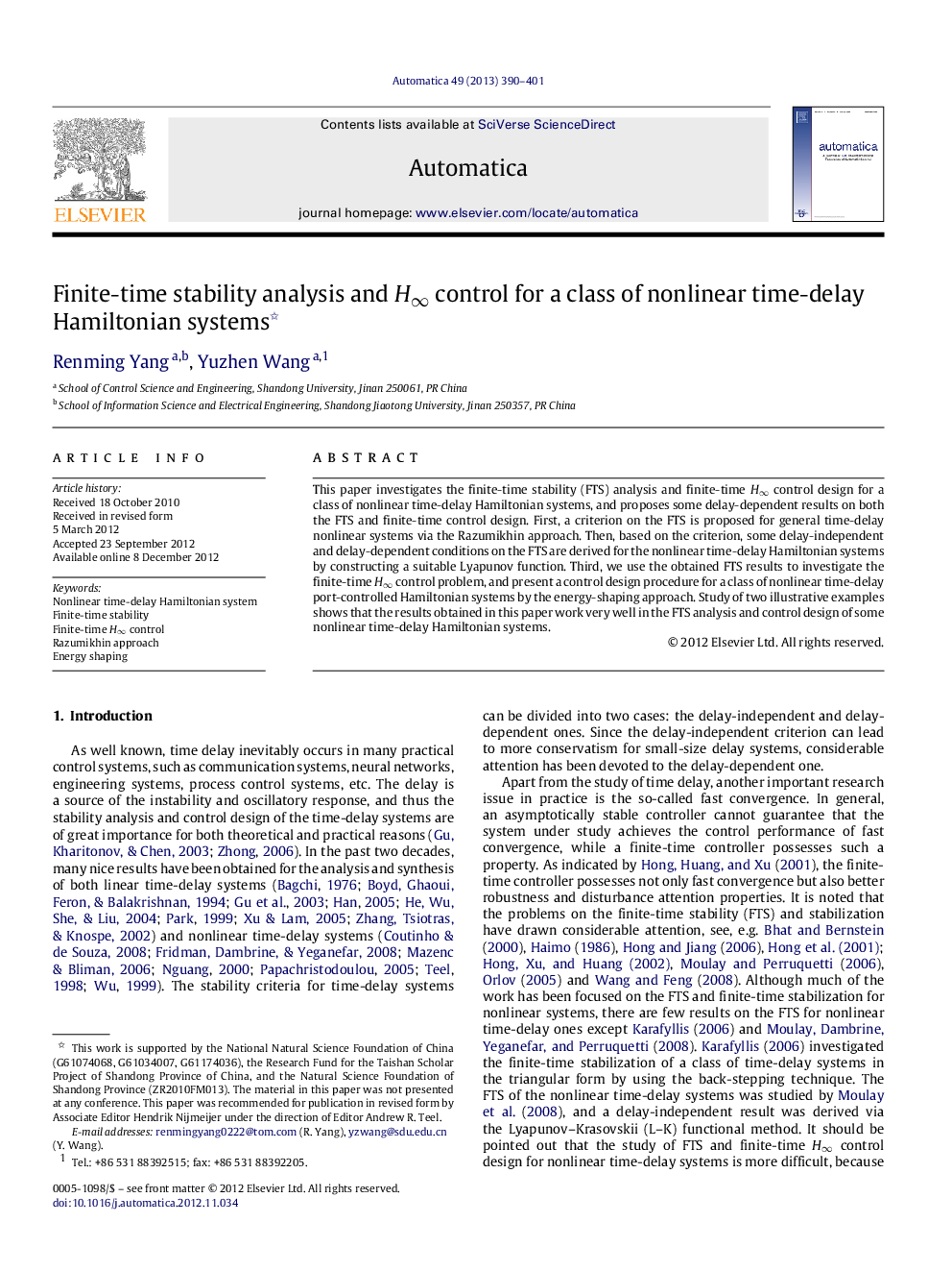 Finite-time stability analysis and H∞H∞ control for a class of nonlinear time-delay Hamiltonian systems 