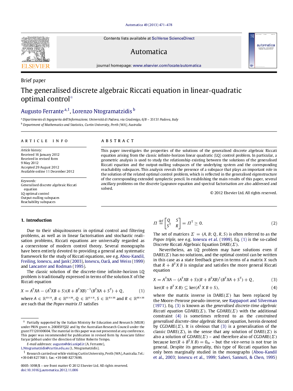 The generalised discrete algebraic Riccati equation in linear-quadratic optimal control 