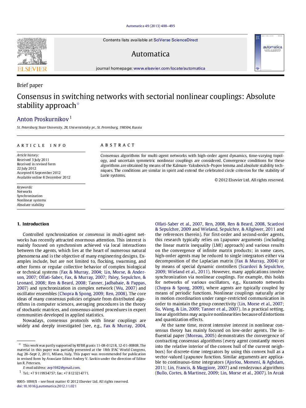 Consensus in switching networks with sectorial nonlinear couplings: Absolute stability approach 