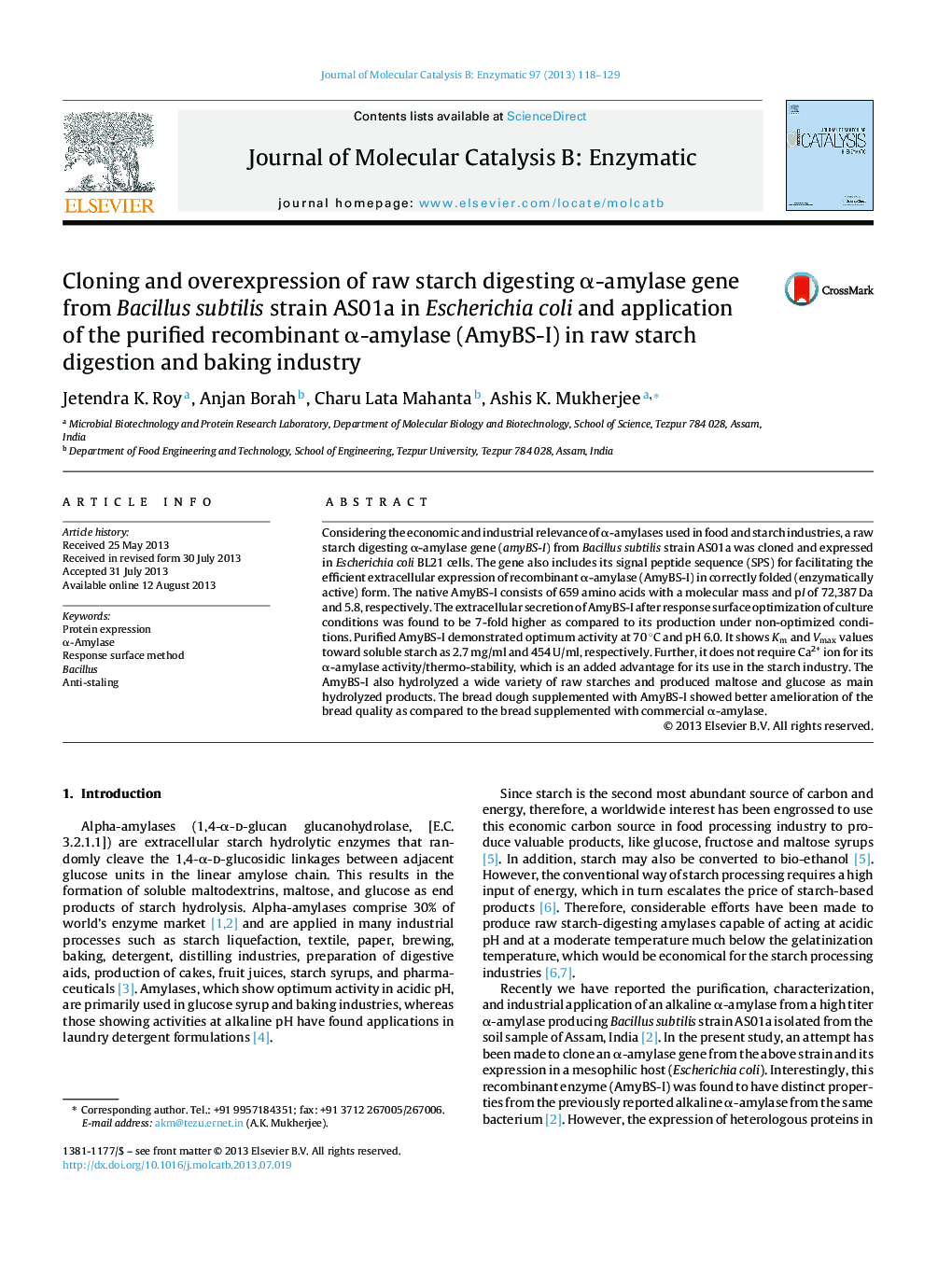 Cloning and overexpression of raw starch digesting α-amylase gene from Bacillus subtilis strain AS01a in Escherichia coli and application of the purified recombinant α-amylase (AmyBS-I) in raw starch digestion and baking industry