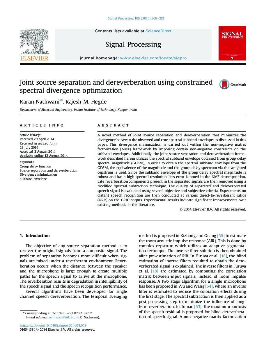Joint source separation and dereverberation using constrained spectral divergence optimization